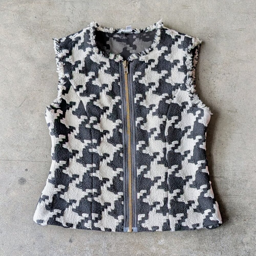 Cabi Black White Houndstooth Fringe Vest small